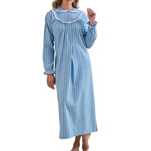 National Blue White Stripe Long Sleeve Cotton Front Nightgown‎ Lace Collar PXL